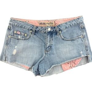 Y2K Mudd Low Rise Denim Shorts 28 Pink Bandana Lined Slit Festival McBling